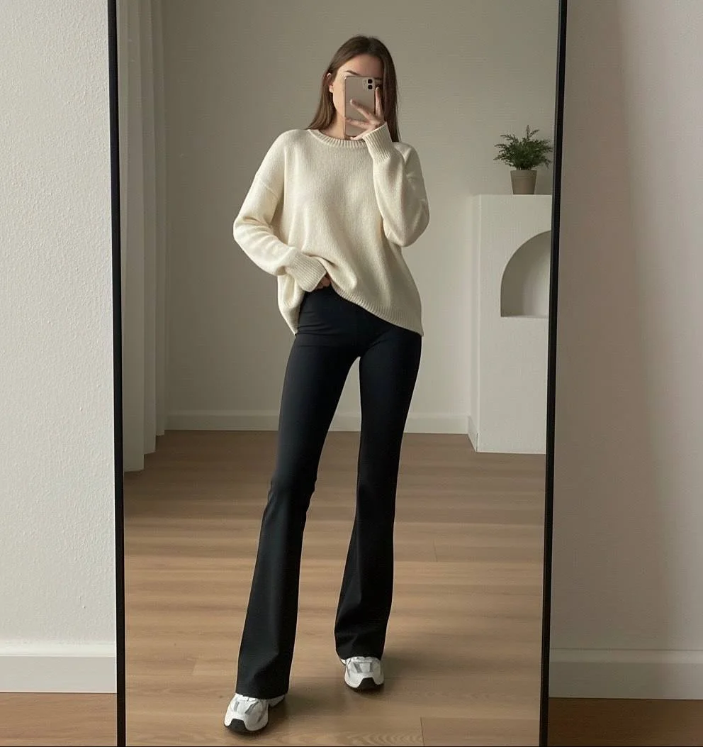 chic fall outfits with leggings and sneakers 2026 The Sweater and Flare Leggings Formula