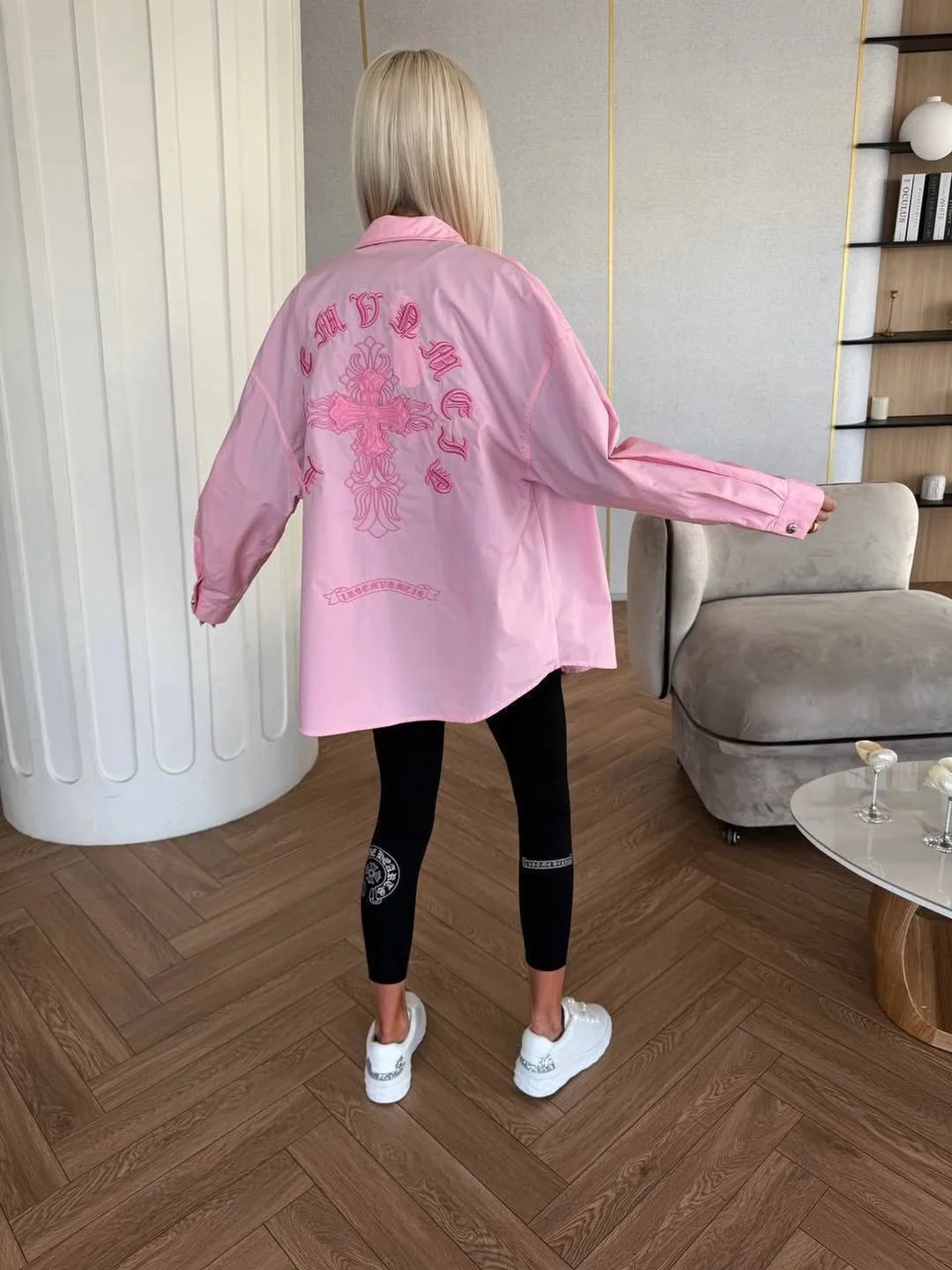 chic fall outfits with leggings and sneakers 2026 A Pop of Pink for Gray Fall Days