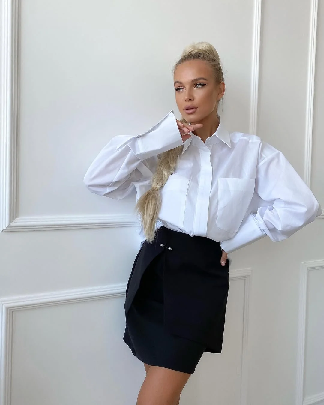 chic fall smart casual office outfits women 2026 Modern Shirt and Skirt Office Formula