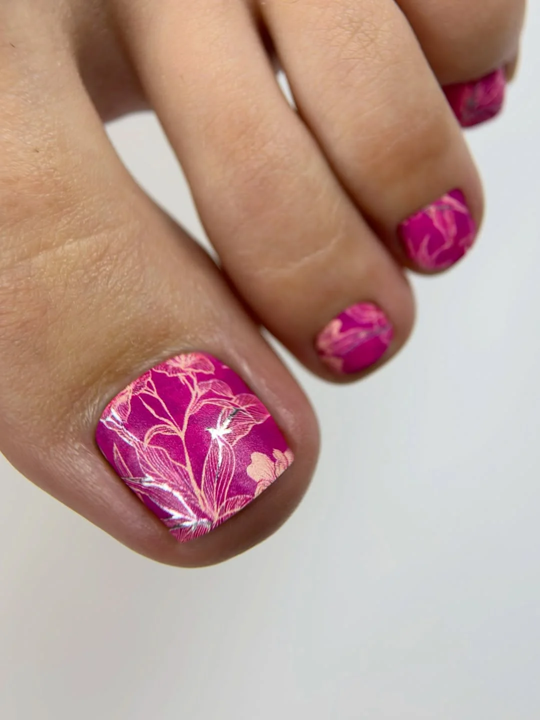 chic summer toe nails design ideas 2026 Bright Pink Botanical Bloom