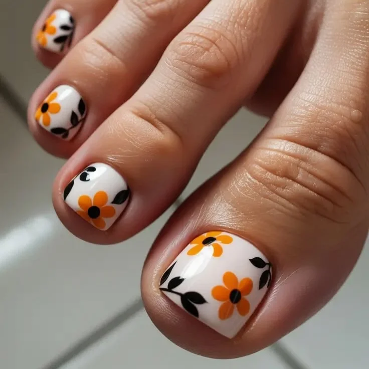 chic summer toe nails design ideas 2026 Retro Orange Daisy Delight