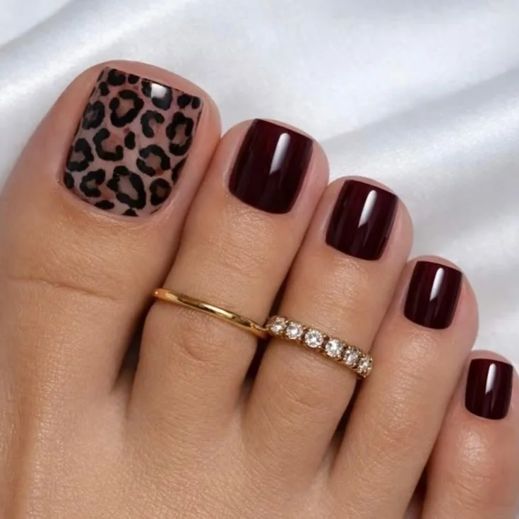 chic summer toe nails design ideas 2026 Burgundy Leopard Accent