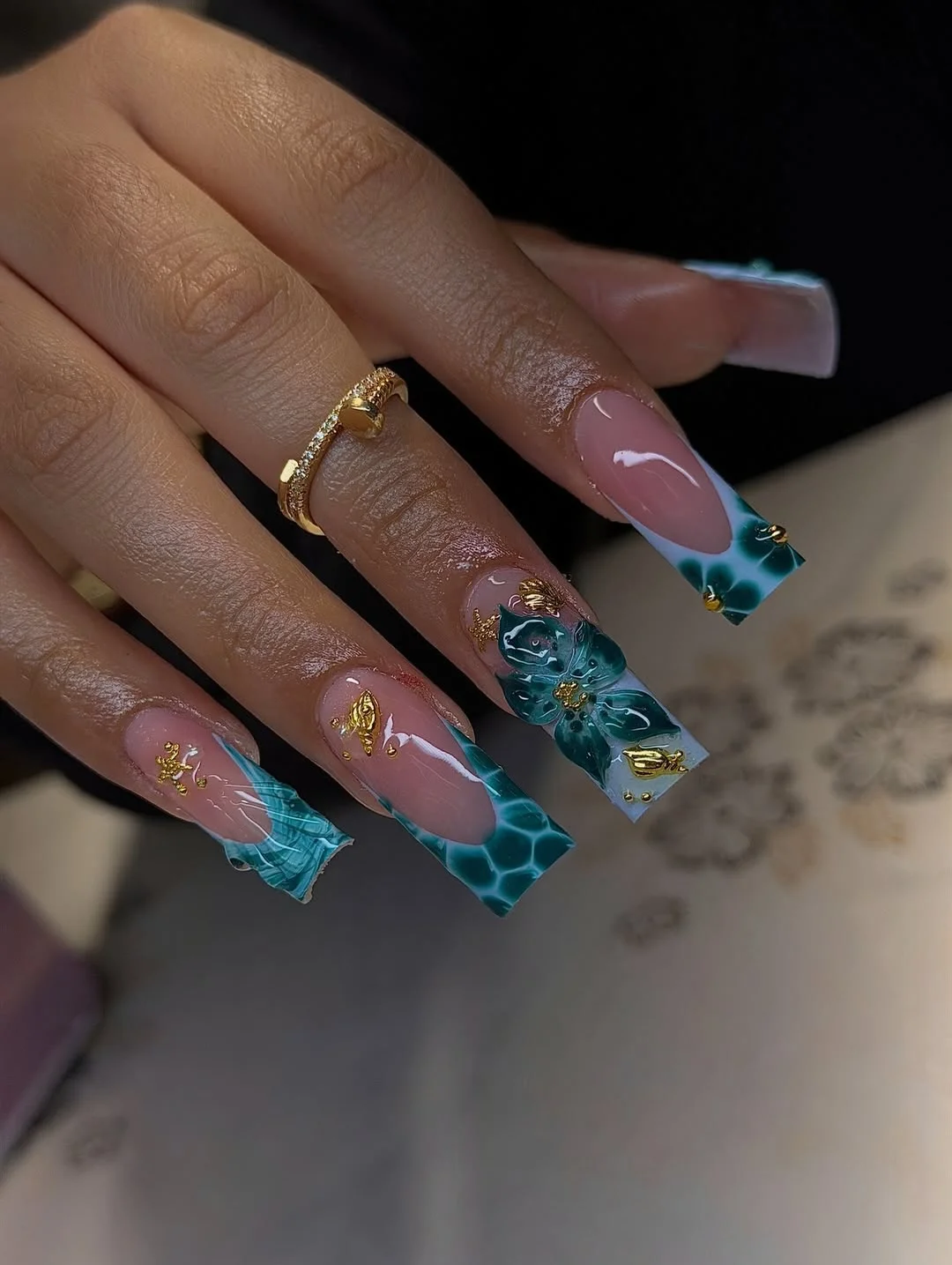 cool july nail colours ideas 2026 Ocean Bloom Glass Nails