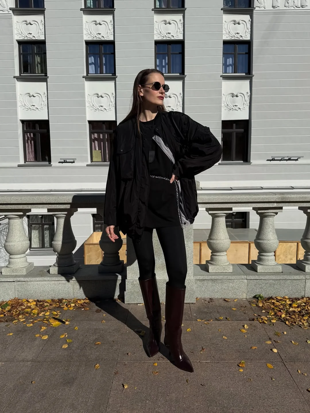 cute fall outfits with boots and leggings 2026 Elevated All-Black Layers With Chocolate Brown Boots