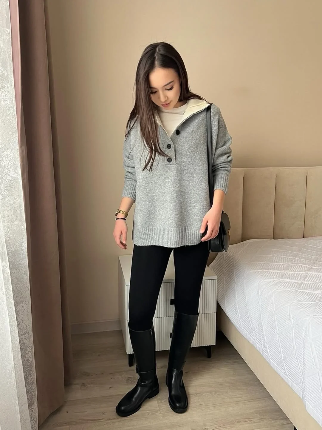 cute fall outfits with boots and leggings 2026 Black Knee High Boots And Oversized Sweater Balance