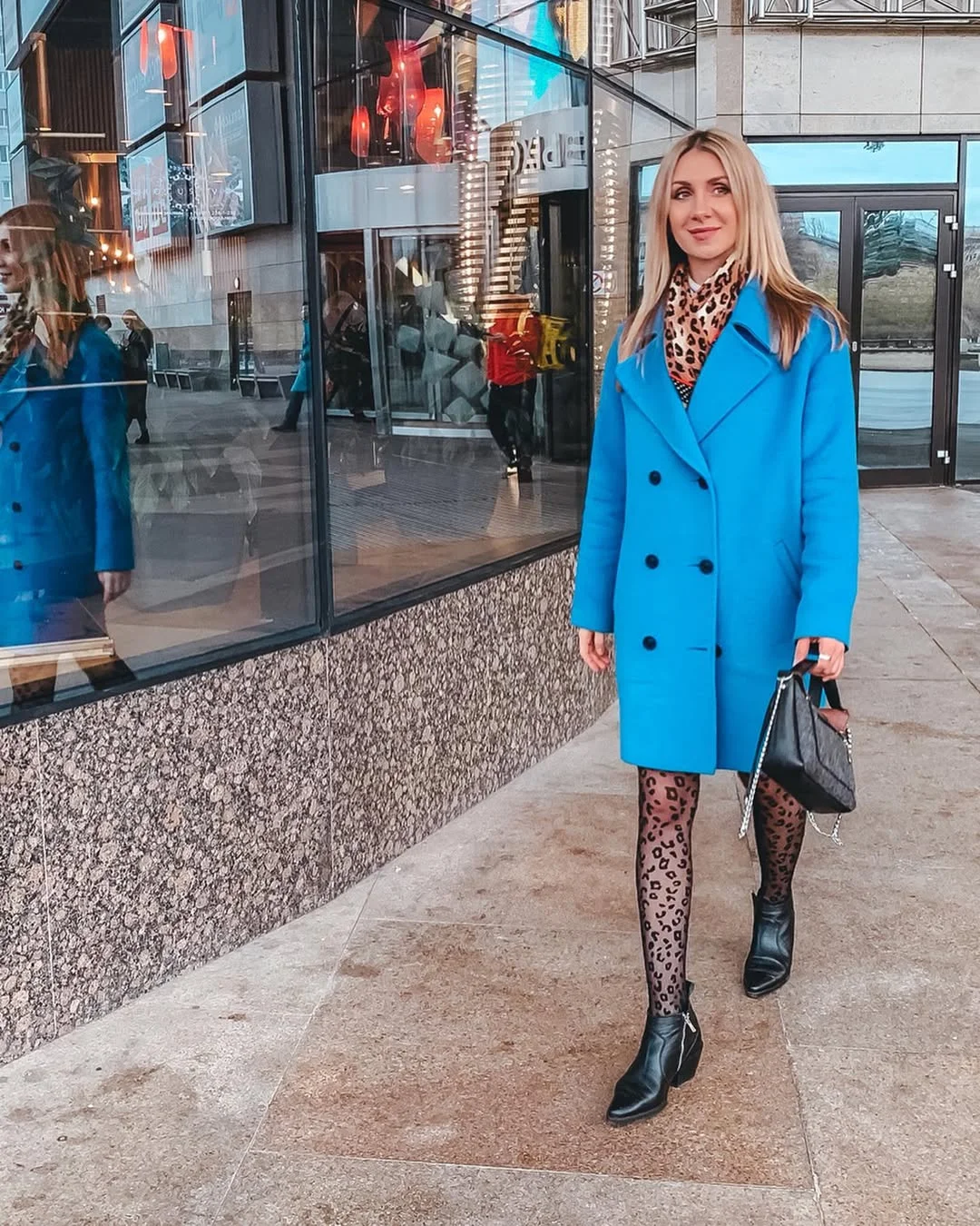 cute fall outfits with tights 2026 Leopard Print Tights with a Bright Statement Coat