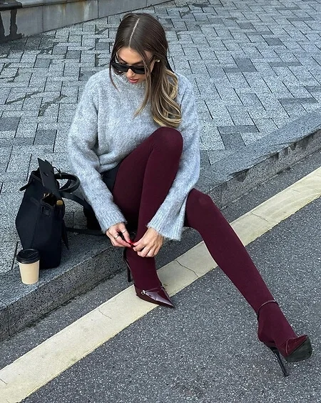 cute fall outfits with tights 2026 Burgundy Tights and an Oversized Sweater