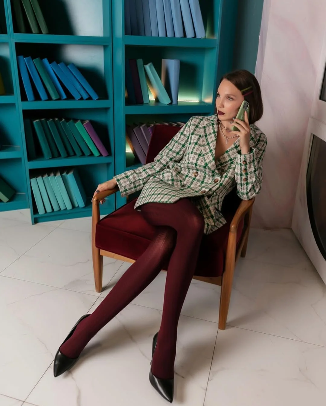 cute fall outfits with tights 2026 Plaid Blazer and Statement Colored Tights