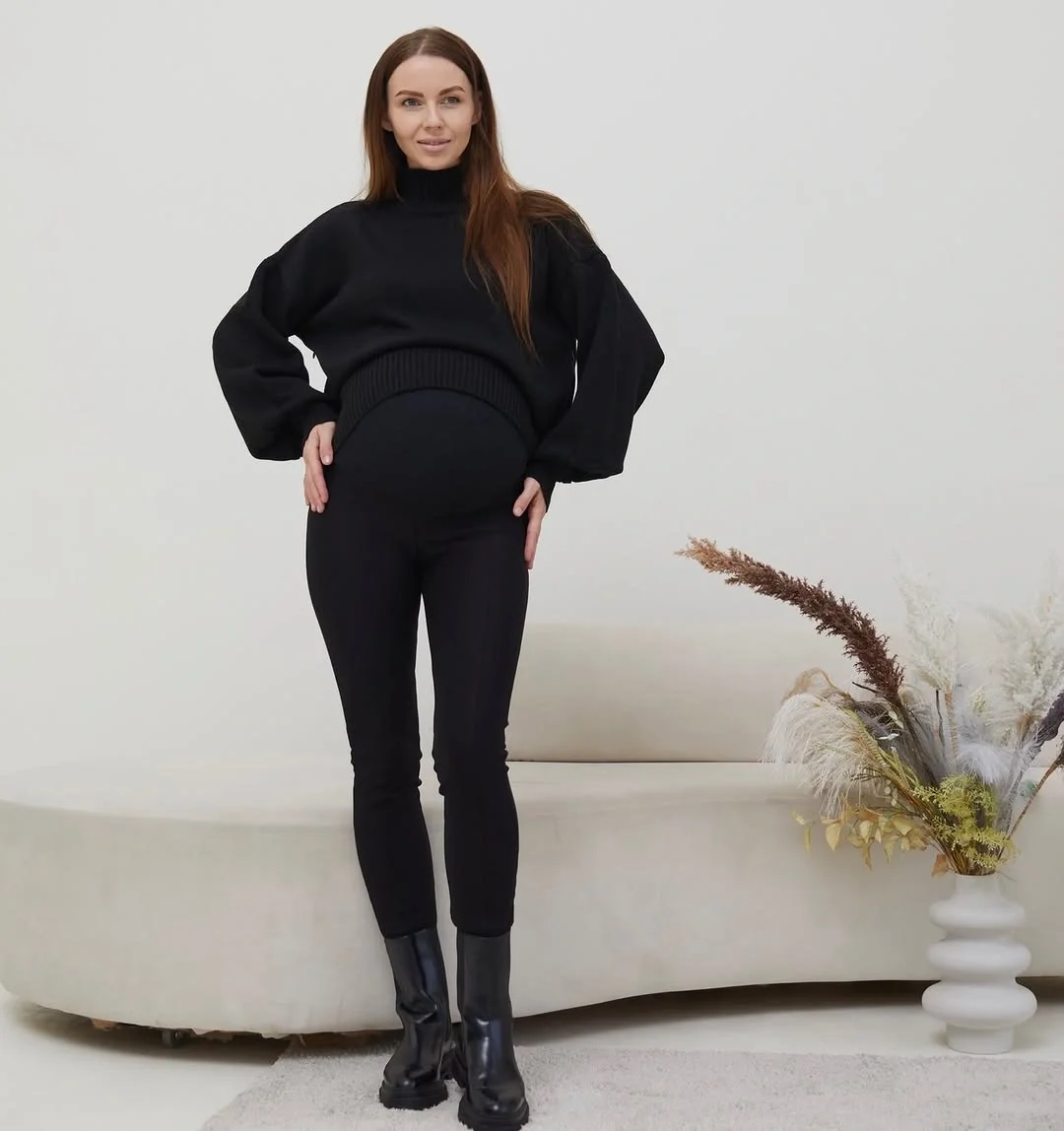 cute pregnancy outfits fall 2026 Black Sweater and Maternity Leggings with Elevated Fall Energy
