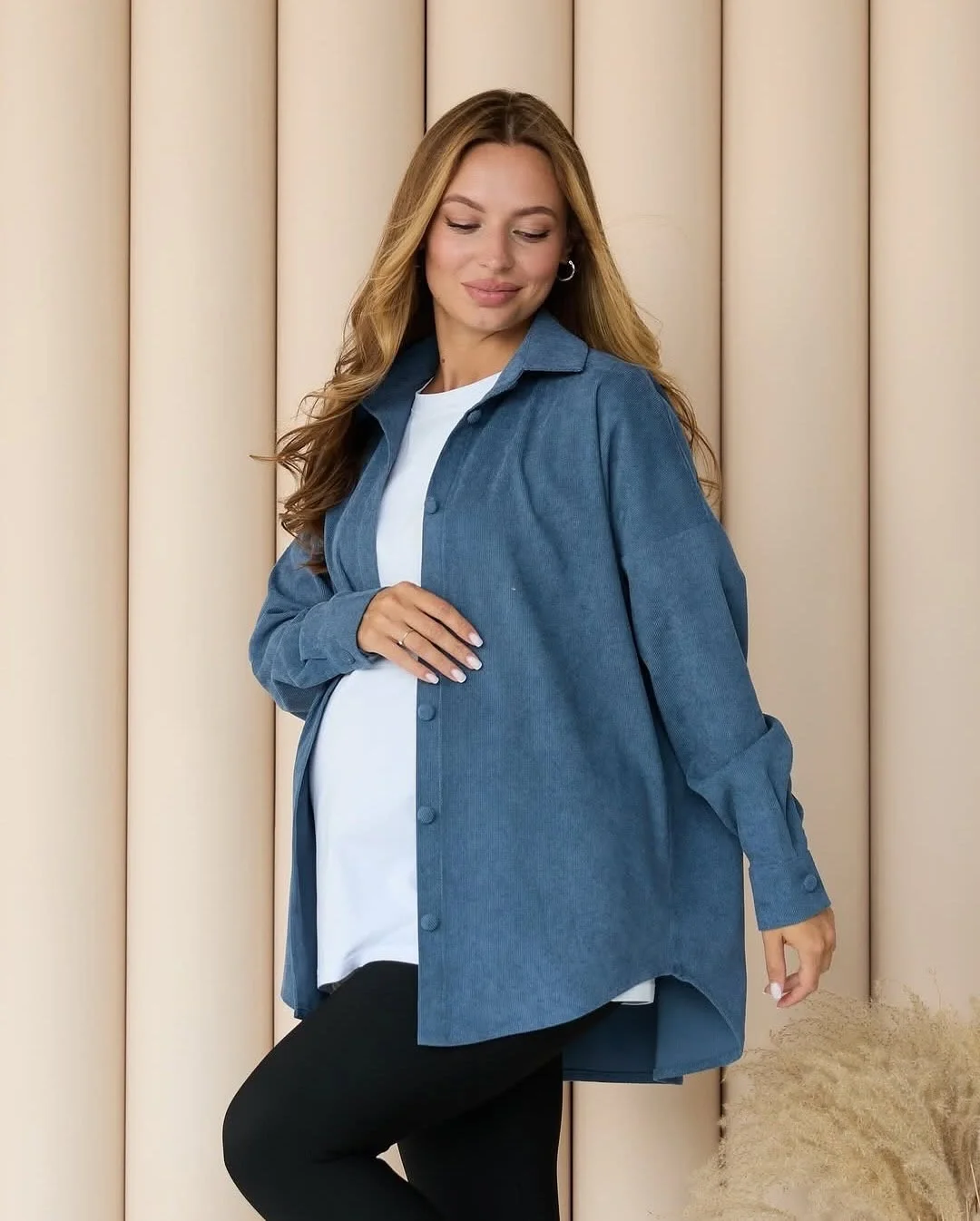 cute pregnancy outfits fall 2026 Relaxed Blue Shacket That Makes Layering Effortless