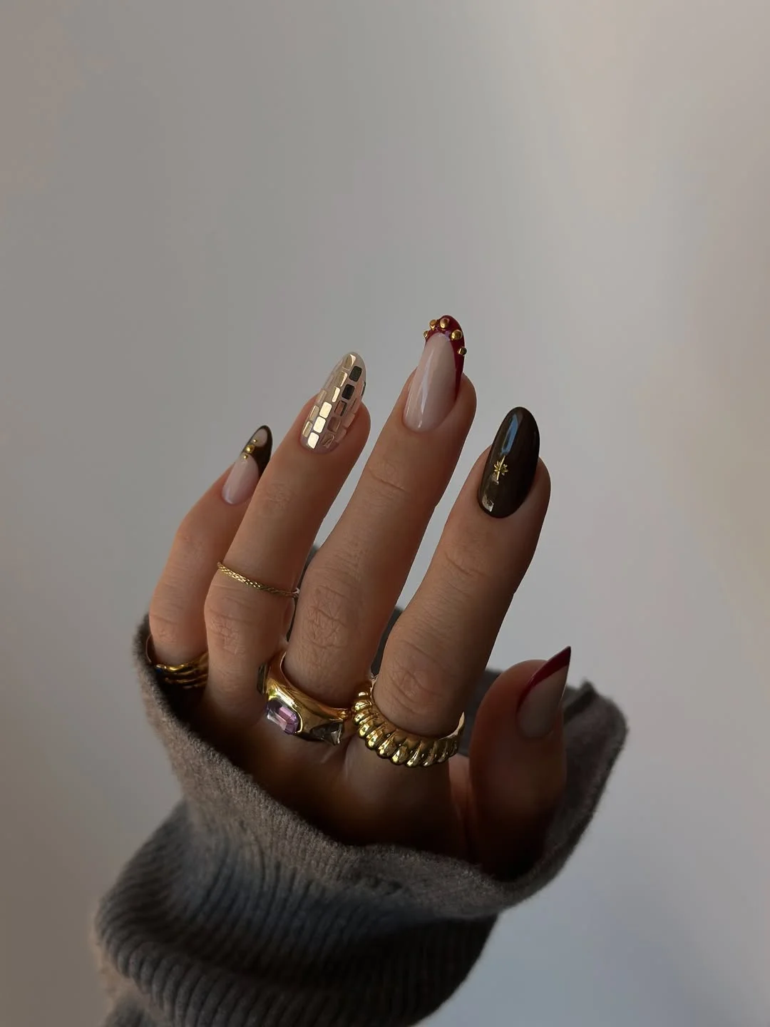 cute summer oval nails 2026 Mixed Art Oval Nails with Burgundy Details