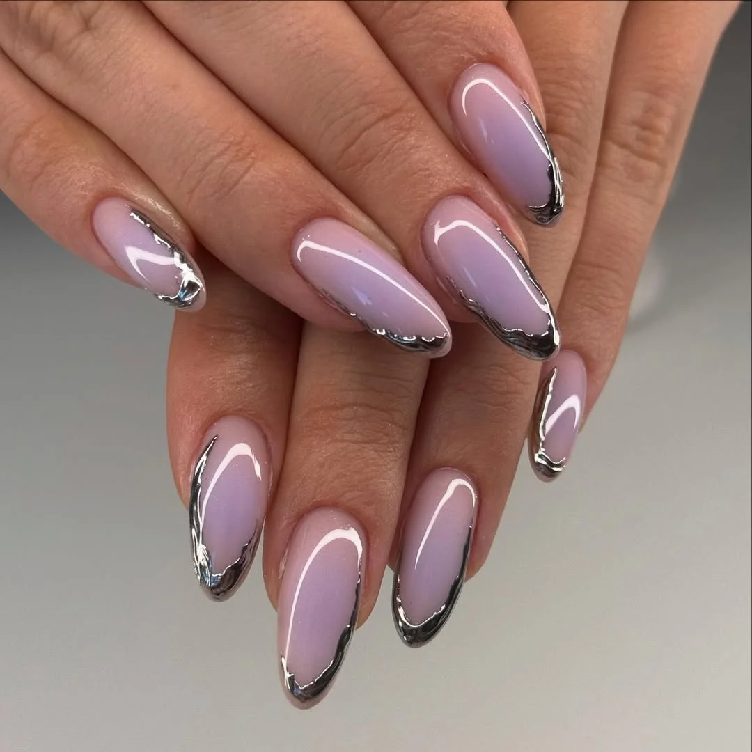 cute summer oval nails 2026 Silver Chrome French with a Modern Twist