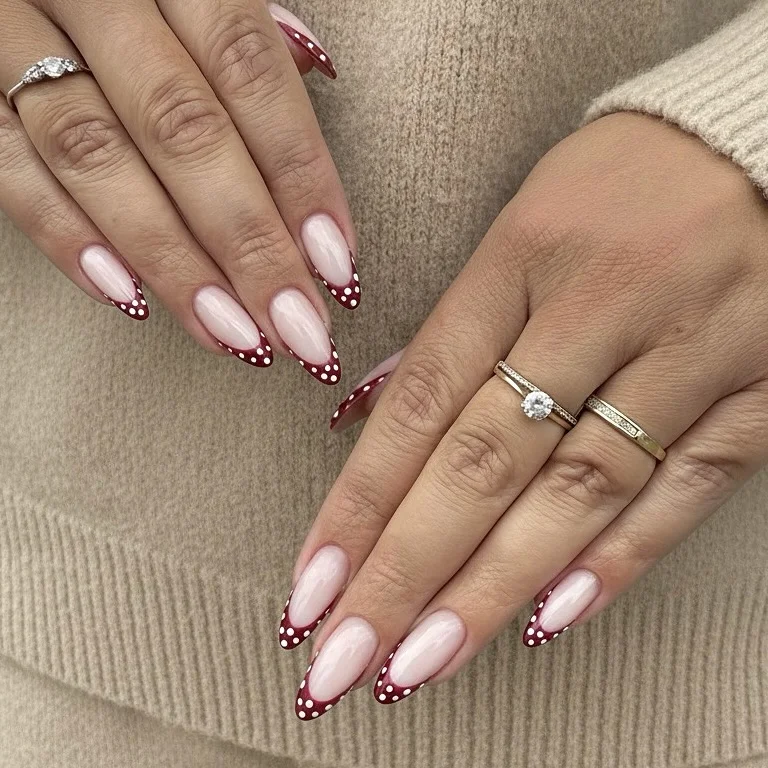 cute summer oval nails 2026 Burgundy Polka Dot French Tips