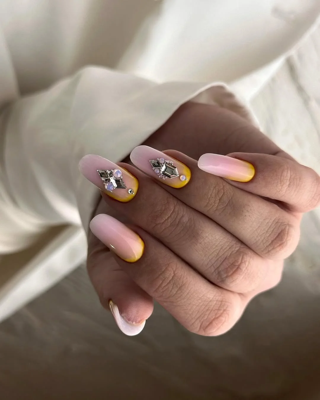 cute summer oval nails 2026 Yellow Ombre Jewel Nails for Sunny Summer Days