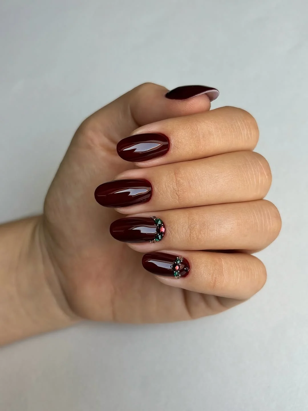 cute summer oval nails 2026 Rich Cherry Red Nails with Jewel Details