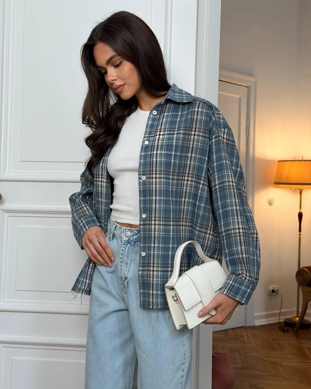 elegant fall outfits ideas 2026 Relaxed Plaid And Light Denim