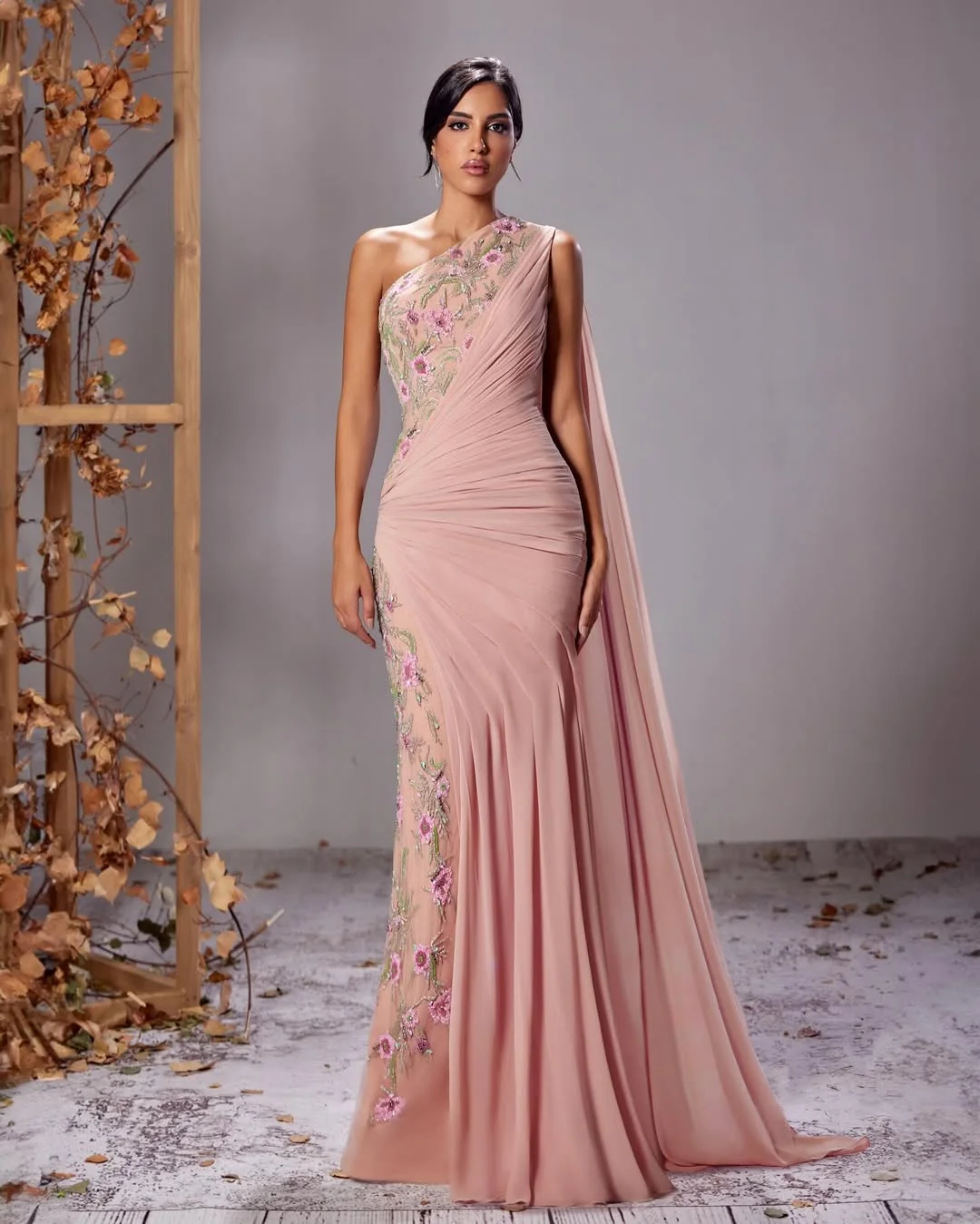 elegant fall wedding guest dress 2026 One Shoulder Blush Pink Gown with Floral Detail for Semiformal Occasions