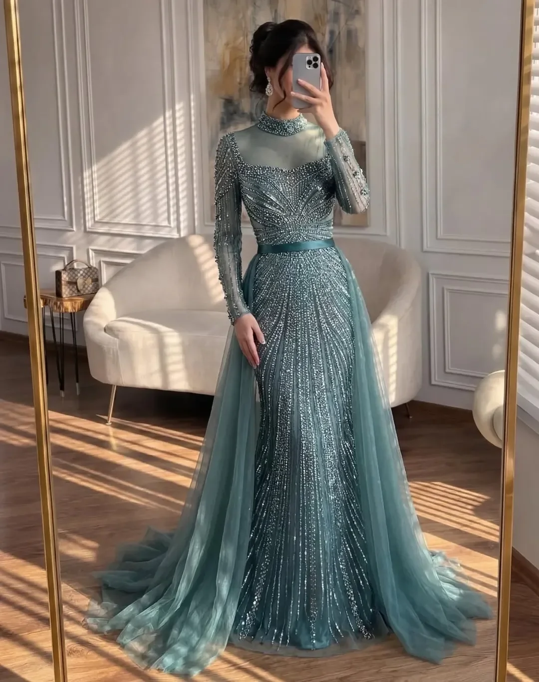 elegant fall wedding guest dress 2026 Teal Beaded Long Sleeve Gown for Formal Fall Events