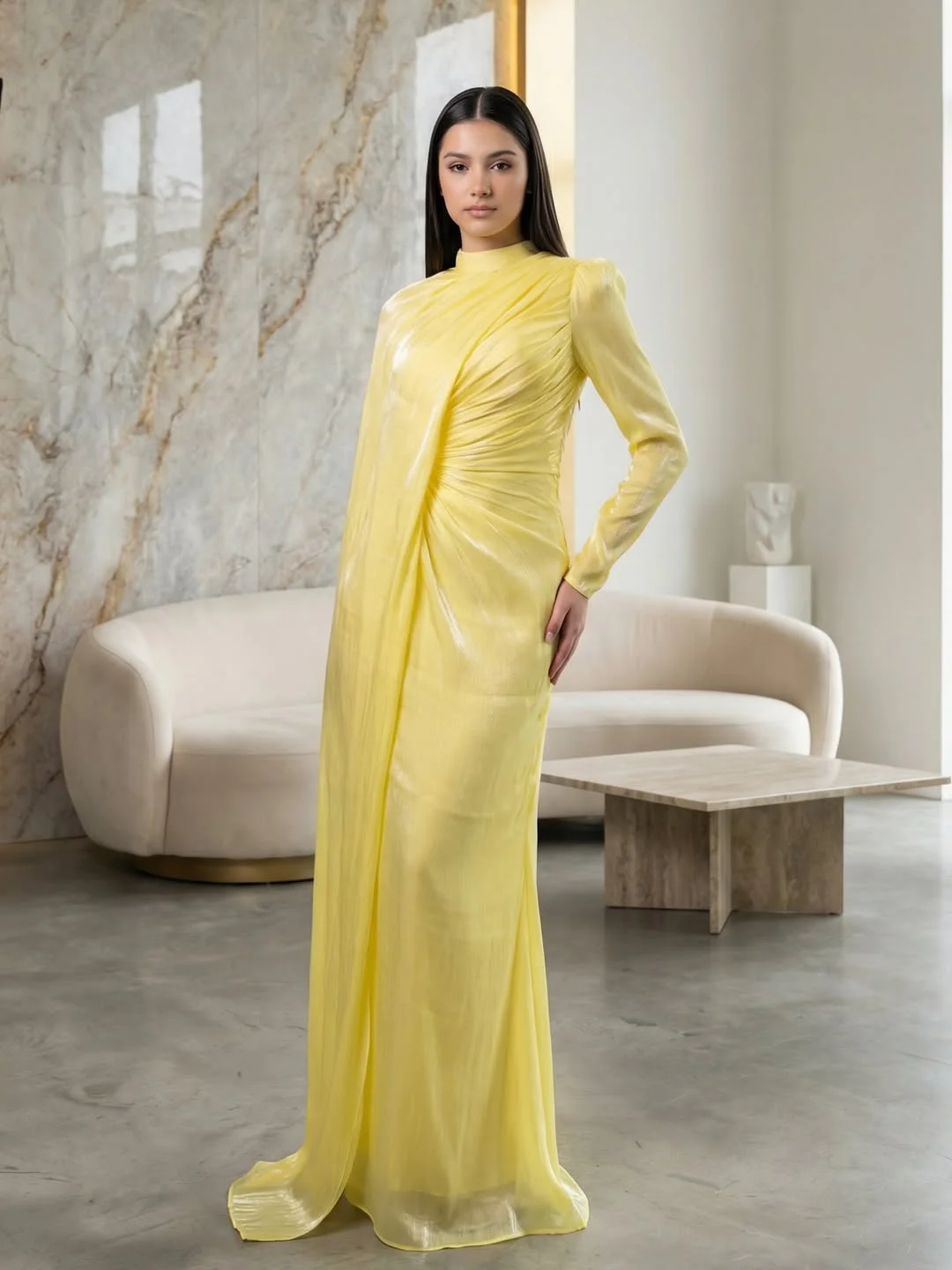 elegant fall wedding guest dress 2026 Sunny Yellow Draped Gown for Semi Formal Celebrations