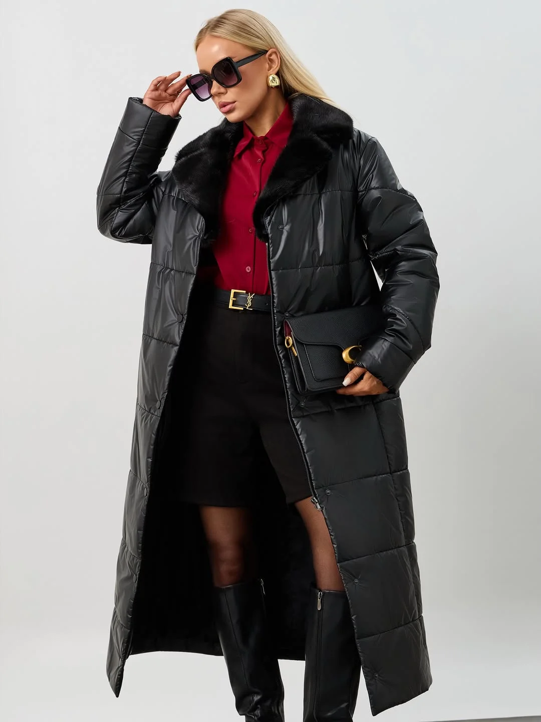 fashionable fall outfits with coat 2026 Black Puffer Coats With Elegant Red Accents