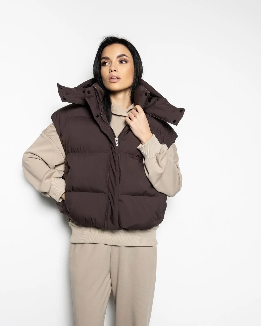 fashionable fall outfits with vests 2026 Chocolate Puffer Vest and Soft Neutral Loungewear