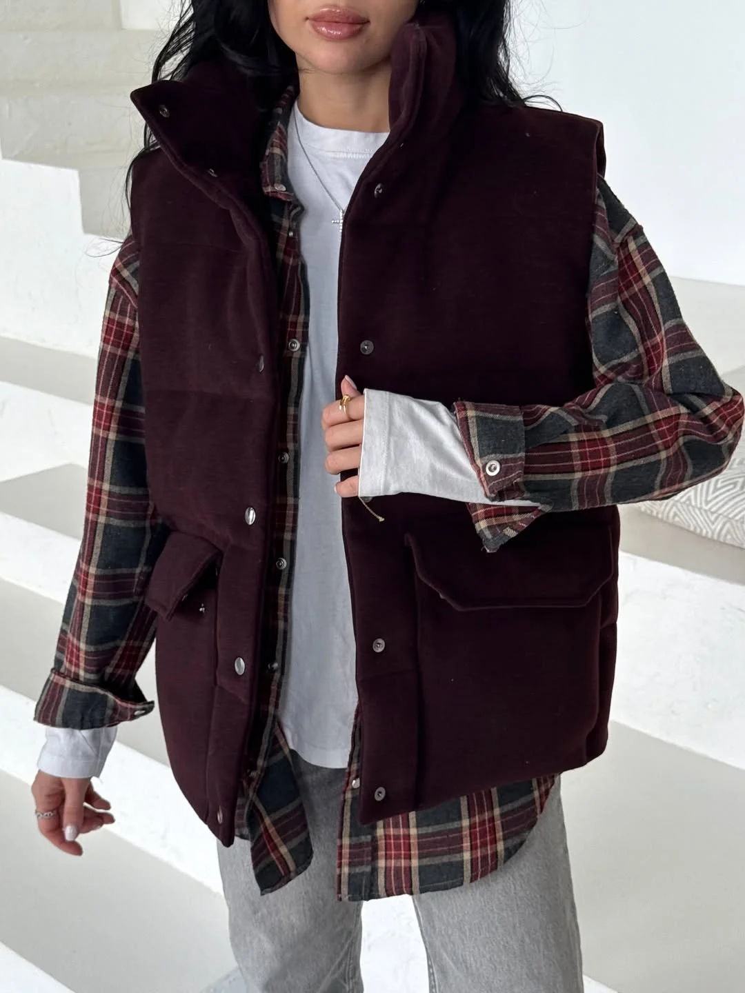 fashionable fall outfits with vests 2026 Burgundy Utility Vest with Relaxed Plaid Layers