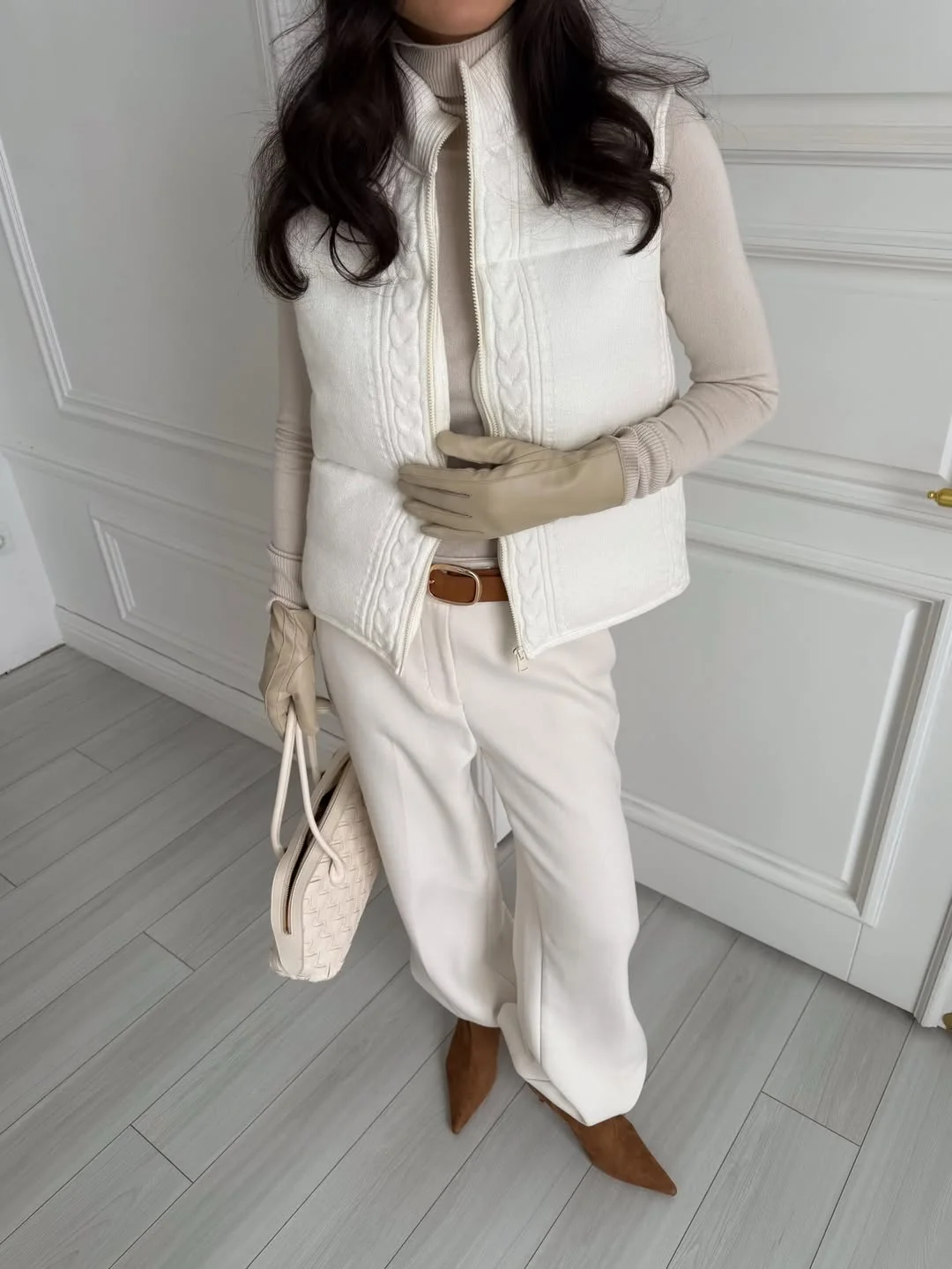 fashionable fall outfits with vests 2026 Elegant Cream Monochrome with a Knit Vest