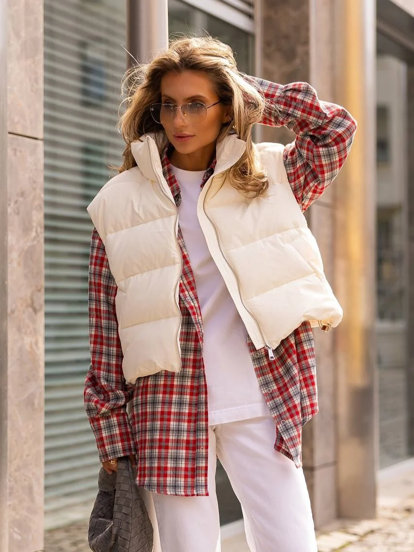 fashionable fall outfits with vests 2026 Light Puffer Vest with Relaxed Plaid Shirting