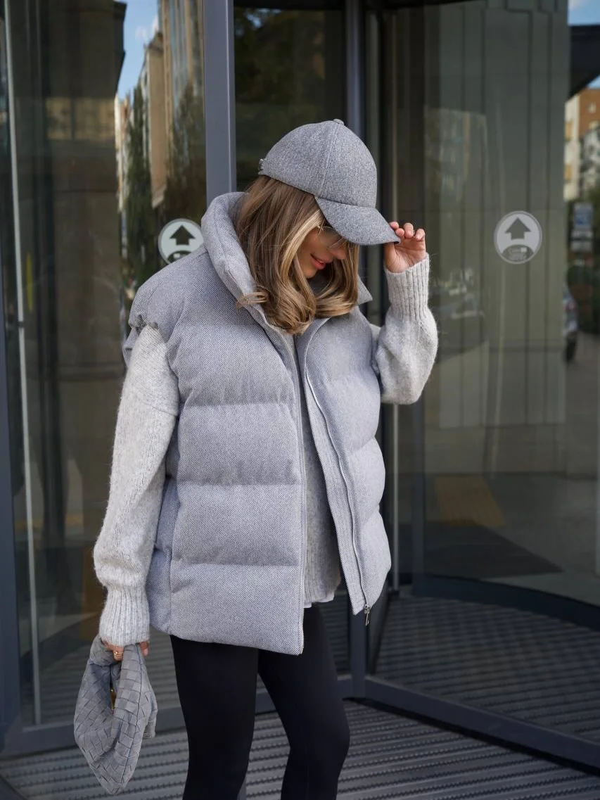 fashionable fall outfits with vests 2026 The Elevated Gray Puffer Vest Formula