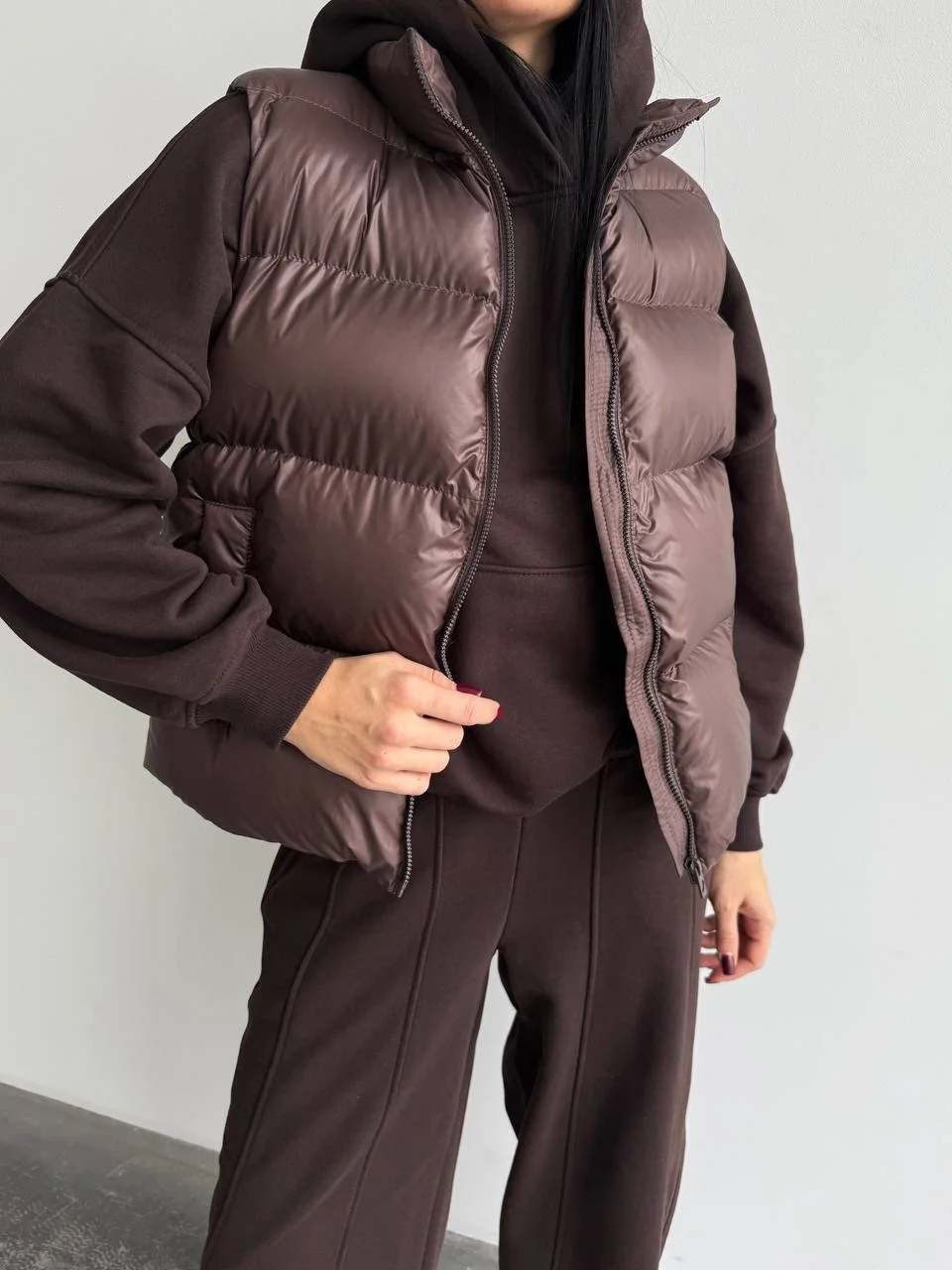 fashionable fall outfits with vests 2026 Monochrome Chocolate Loungewear with a Puffer Vest