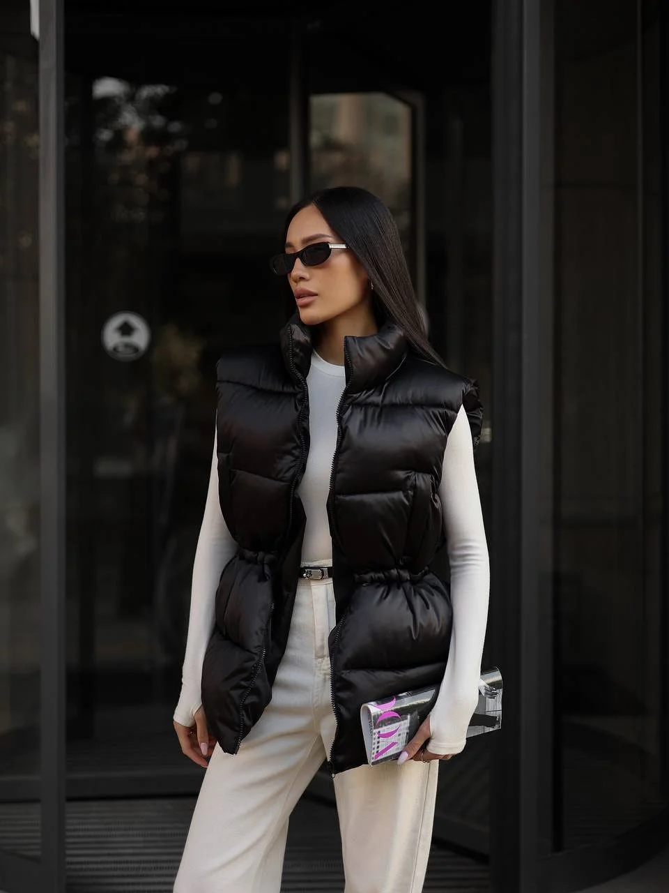 fashionable fall outfits with vests 2026 Black Puffer Vest With Crisp Monochrome Styling