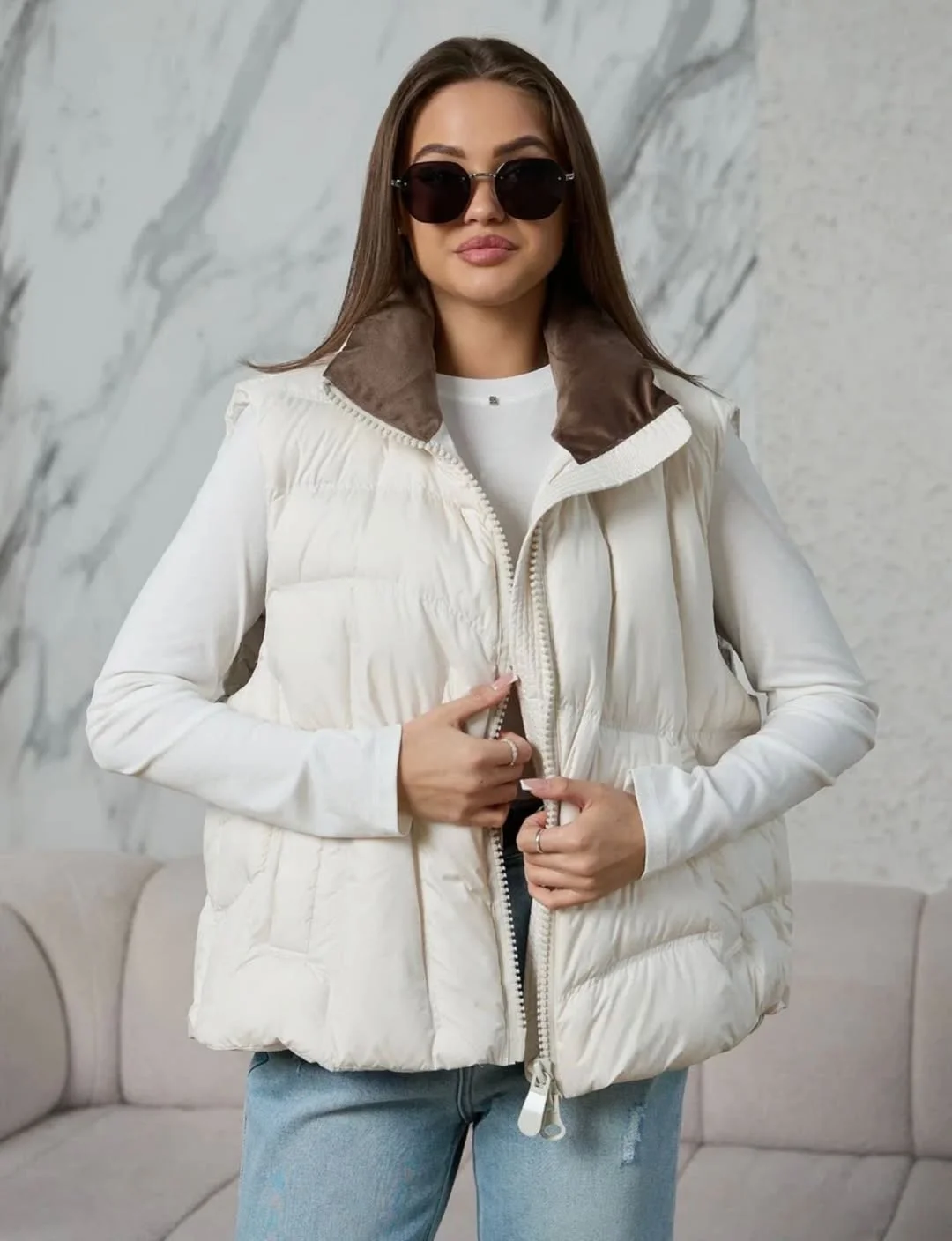 modern fall vest outfits for women 2026 Minimalist White and Brown Contrast