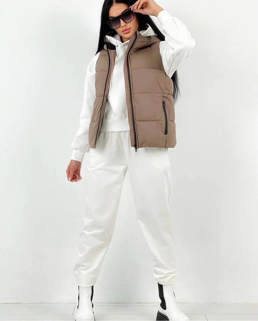 modern fall vest outfits for women 2026 Soft Tan Layers With Monochrome Comfort