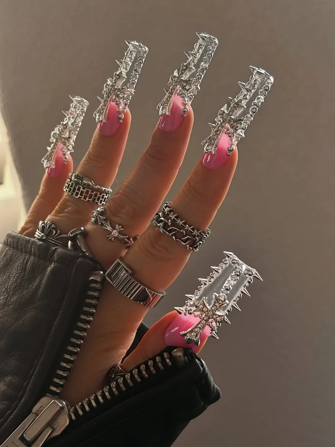 modern june manicure ideas 2026 Pink Chrome Edge Nails with Rock Glam Details
