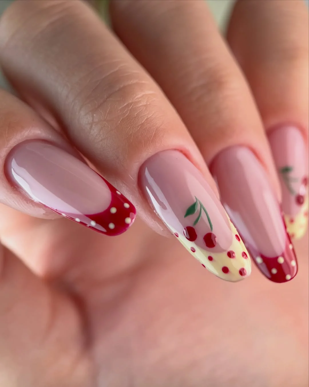 modern june manicure ideas 2026 Cherry French Tips with Sweet Retro Charm