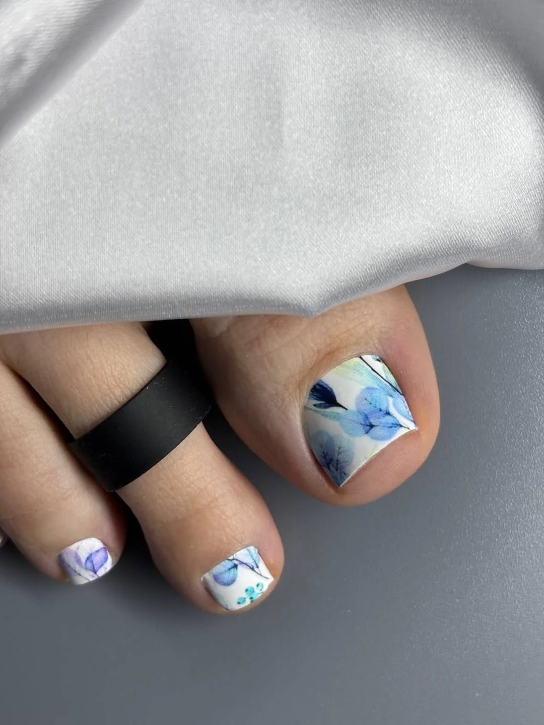 modern summer pedicure nail art 2026 Soft Blue Botanical Elegance