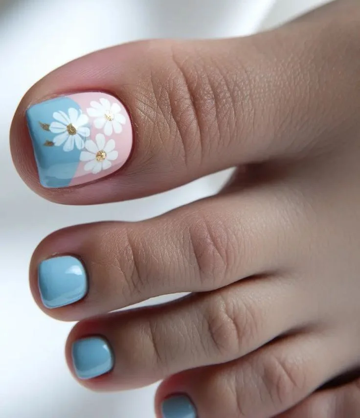 modern summer pedicure nail art 2026 Powder Blue Daisy Pedicure