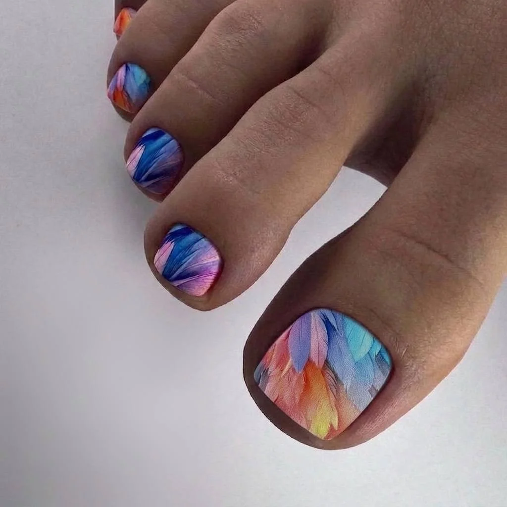 modern summer pedicure nail art 2026 Watercolor Feather Fantasy