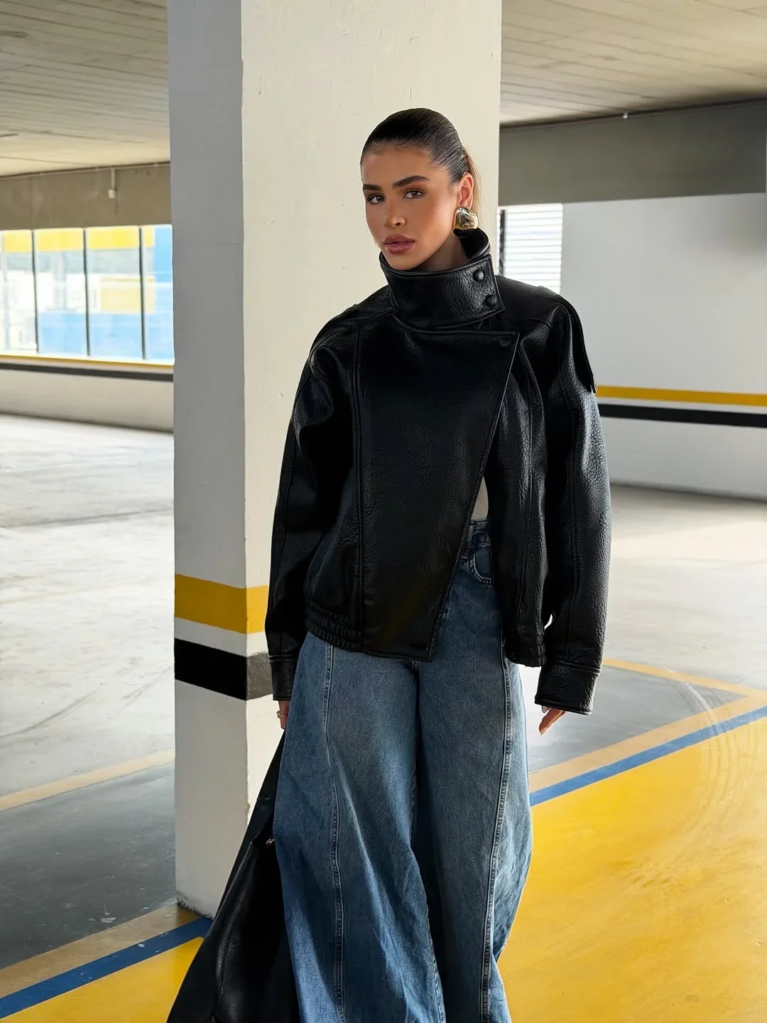 modest fall fashion outfits 2026 Statement Leather Jackets Meet Modern Wide-Leg Denim