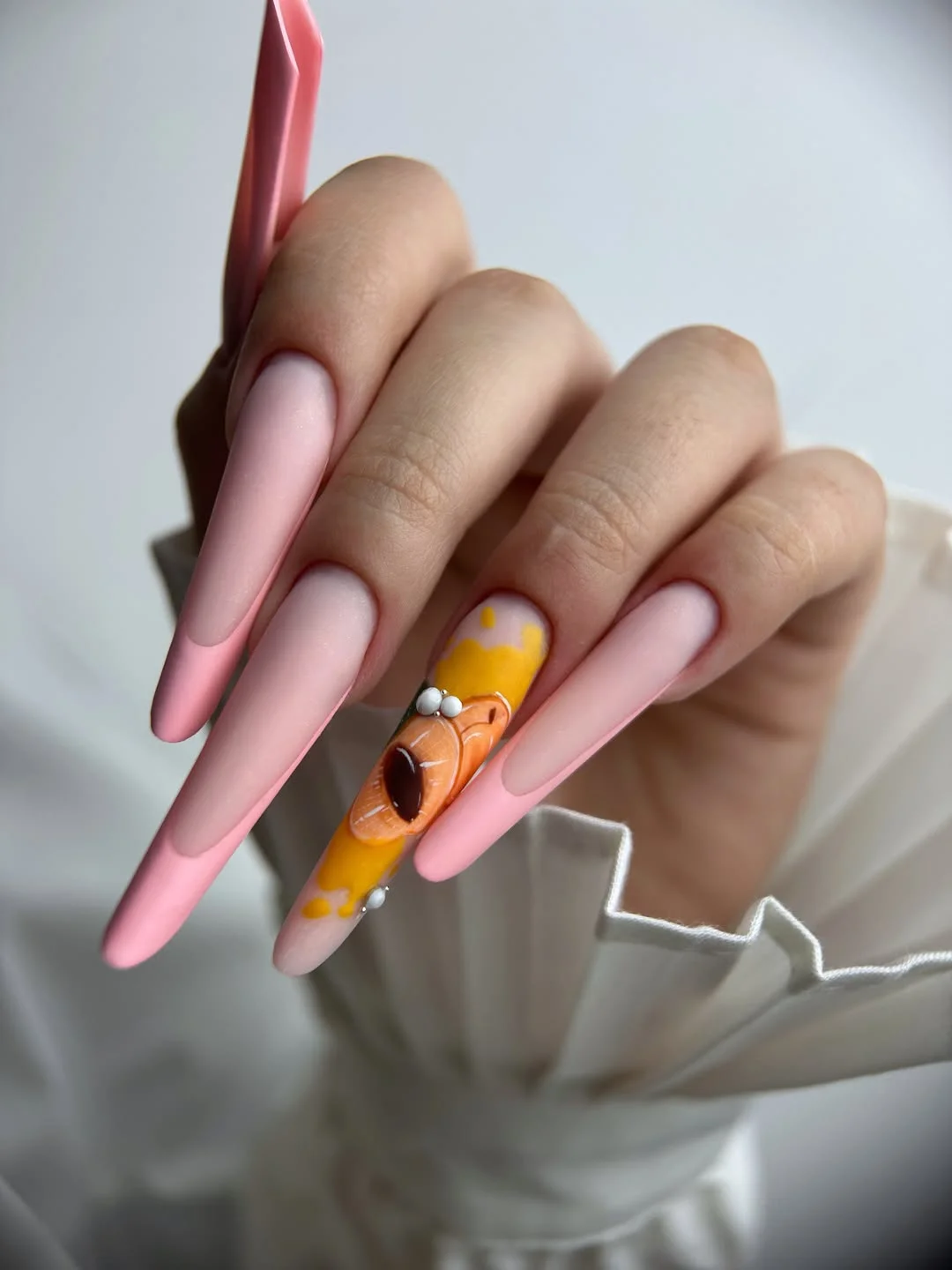 pretty july nails design ideas 2026 Pink Citrus Splash for Sunny July Days