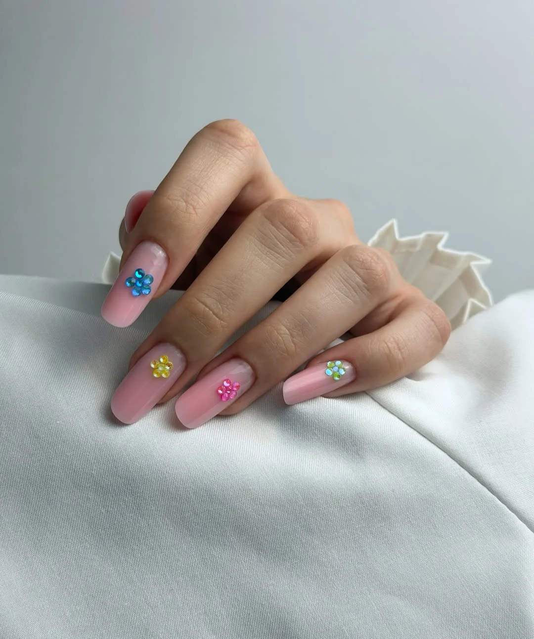 pretty july nails design ideas 2026 Pastel Flower Gems for Playful Summer Style