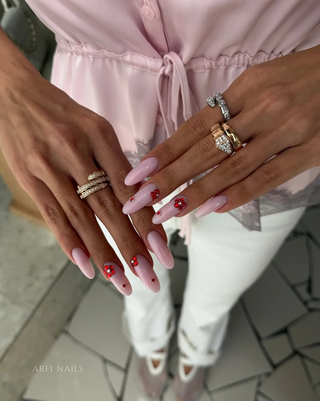 pretty july nails design ideas 2026 Blush Pink Nails with Ruby Crystal Flowers
