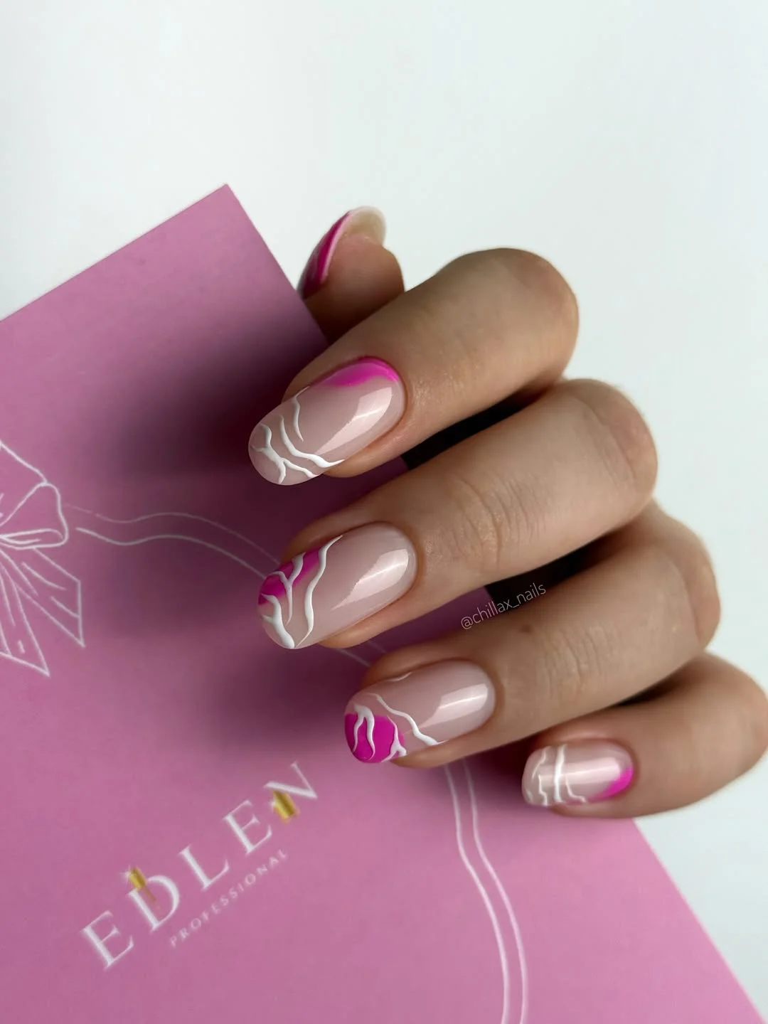 pretty july nails design ideas 2026 Pink French Tips with Flowing Abstract Lines