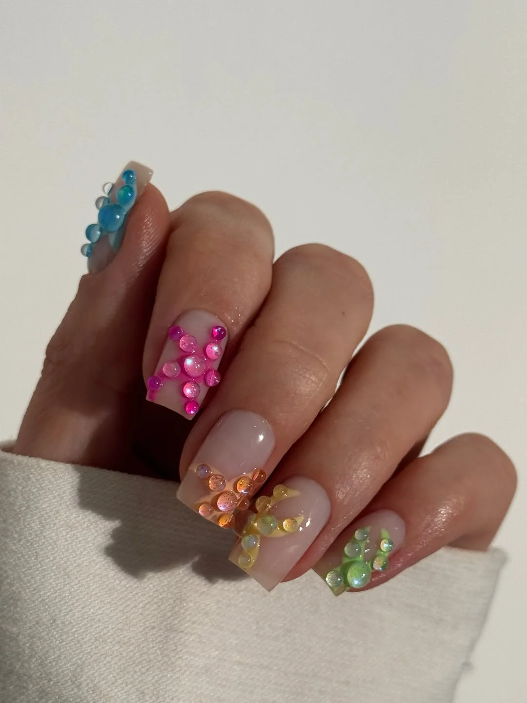 pretty july nails design ideas 2026 Rainbow Crystal Bubble Nails for Playful Summer Energy