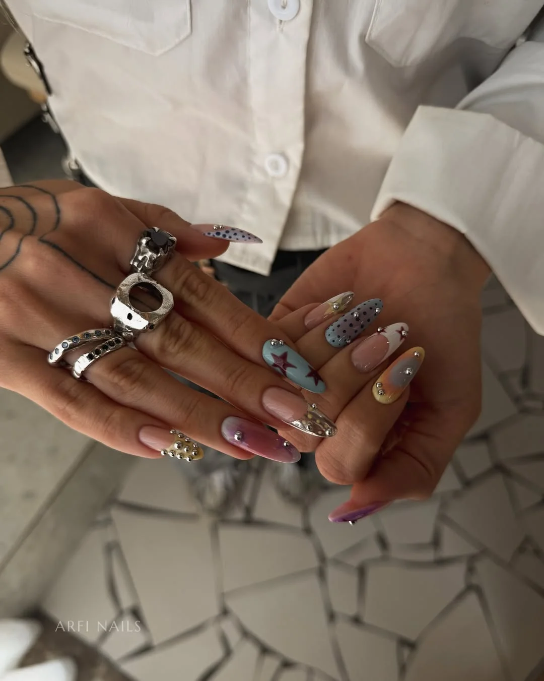 pretty july nails design ideas 2026 Eclectic Star and Crystal Nail Art Mix