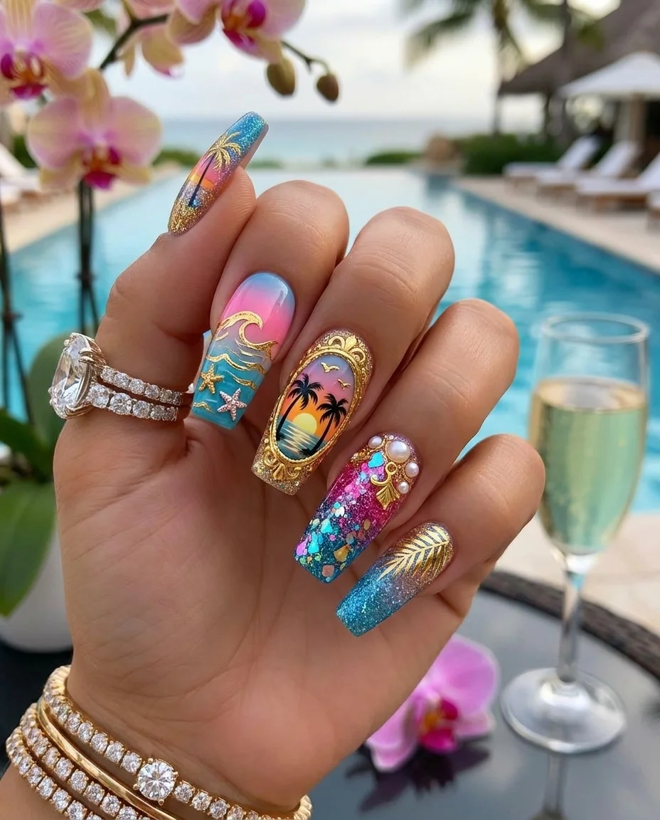 pretty starfish summer nails 2026 Tropical Sunset Starfish Glam