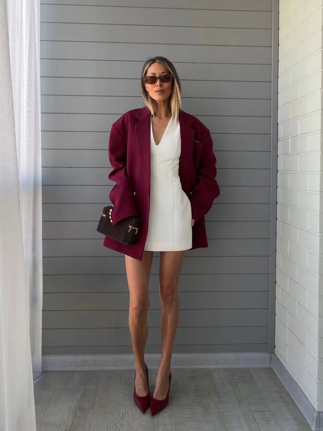 professional fall office outfits for women 2026 Burgundy Blazer and White Mini Dress
