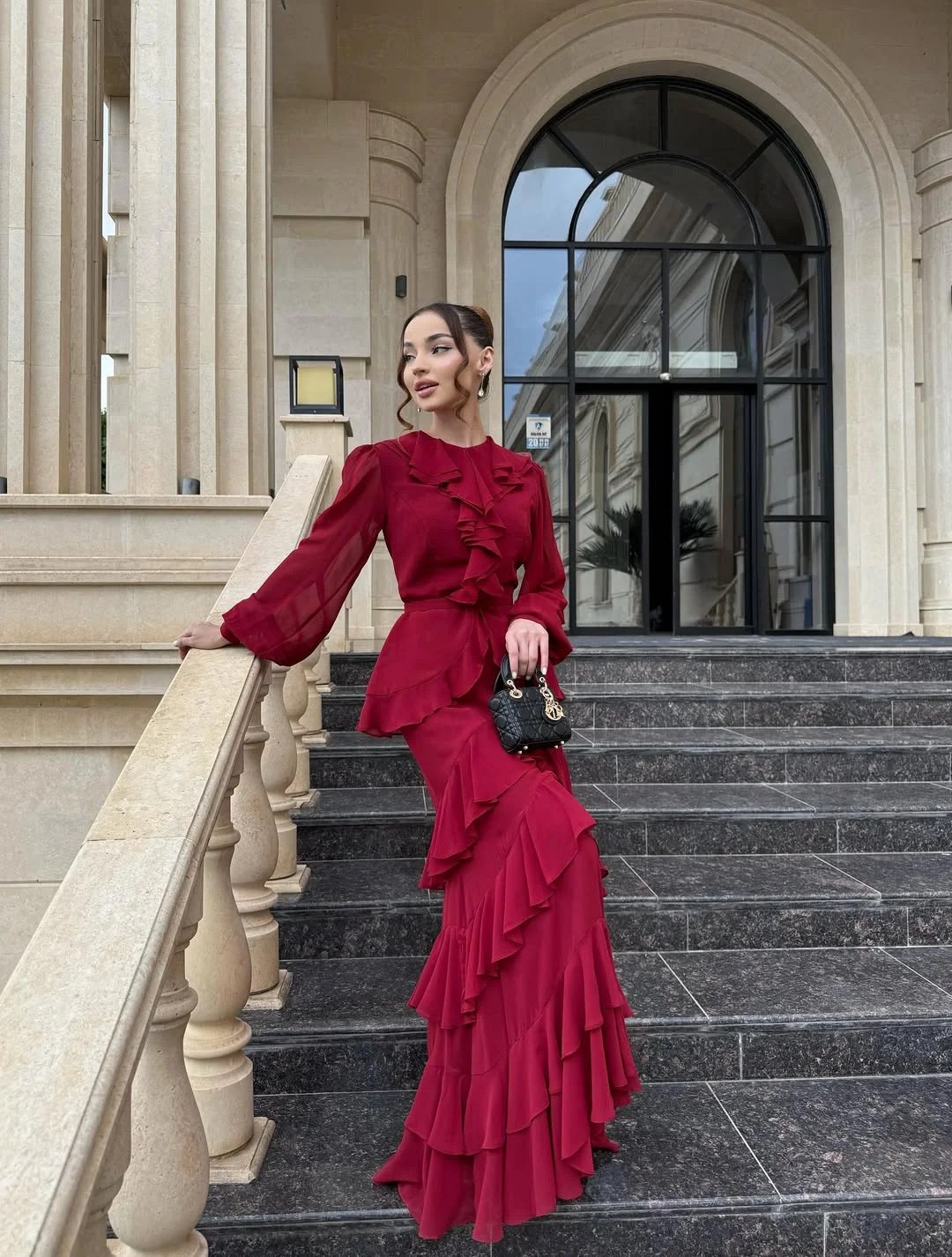 romantic dinner outfits date night fall 2026 Burgundy Ruffles for a Romantic Evening