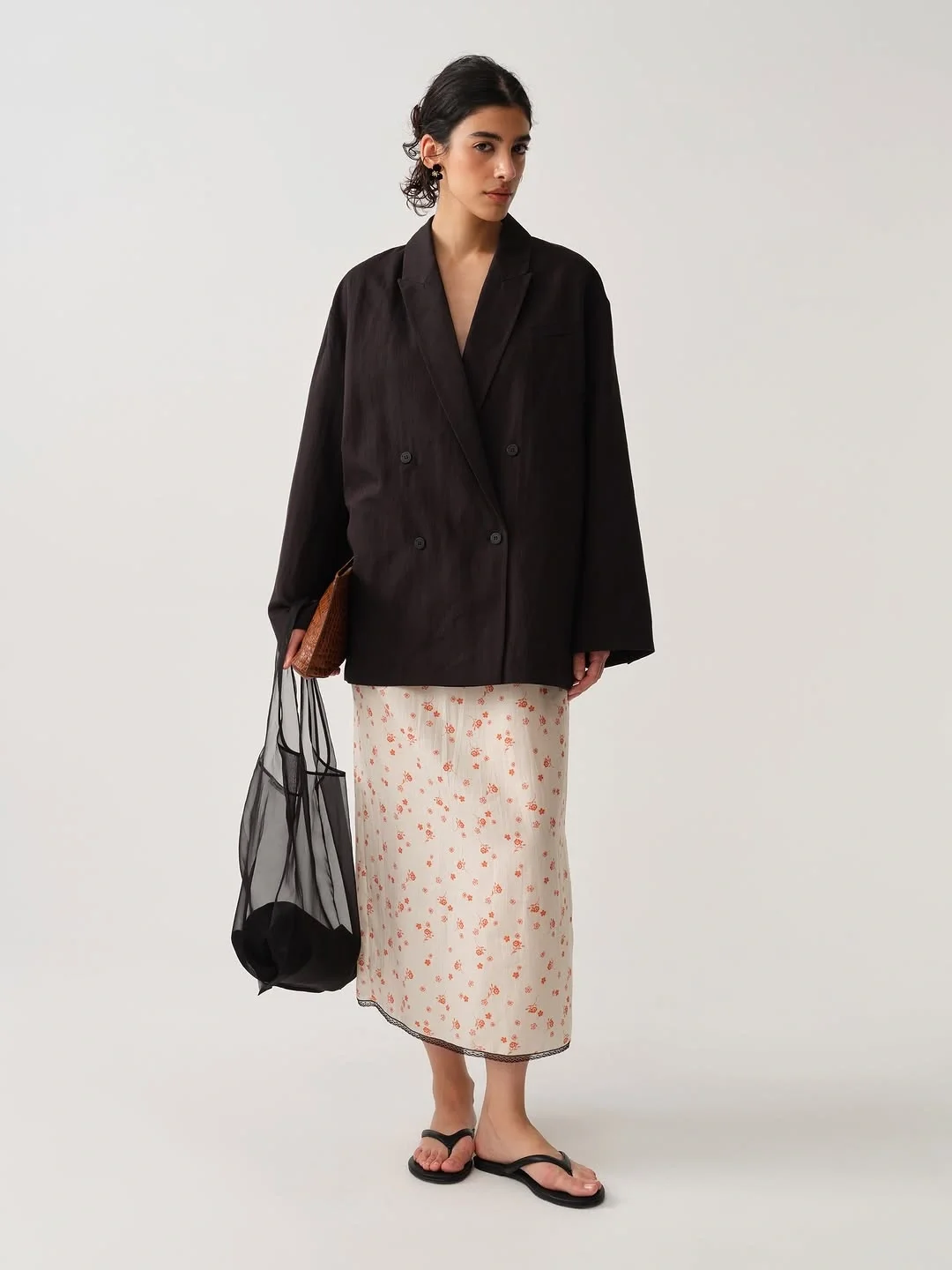 simple fall outfits ideas 2026 Light Floral Slip Skirt Meets an Oversized Blazer