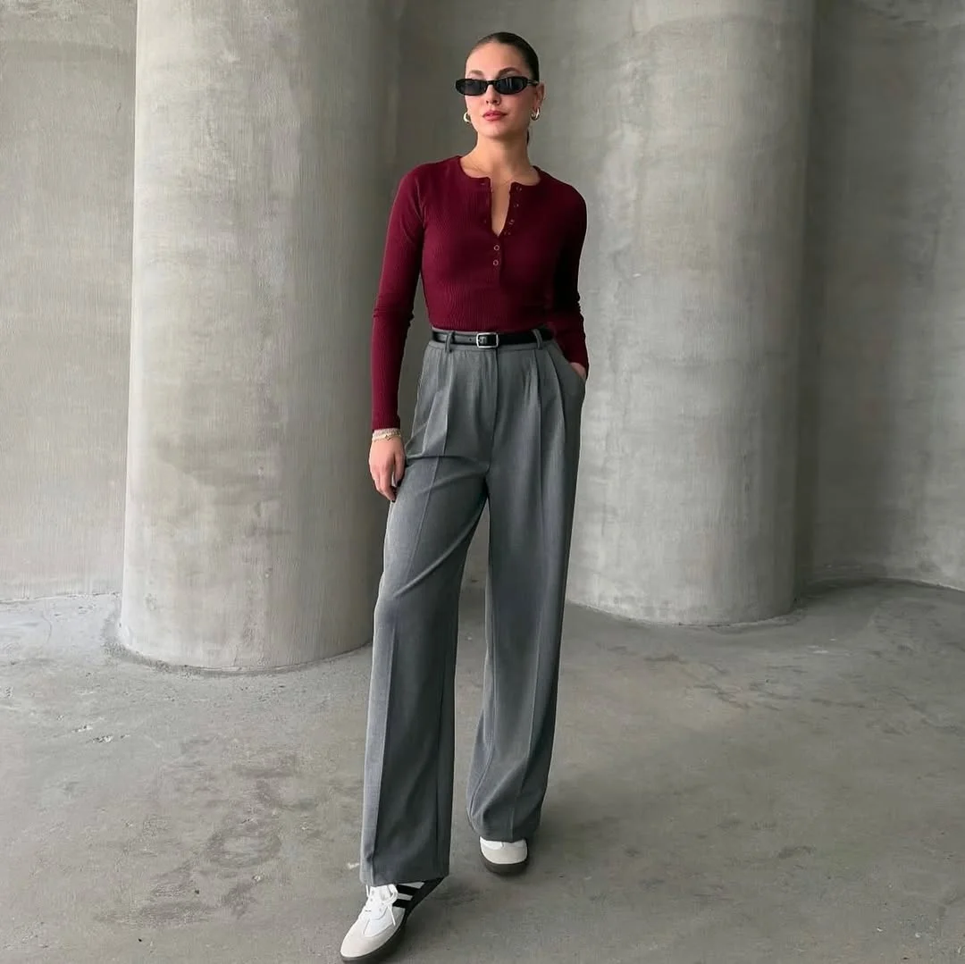 sophisticated chic fall outfits pants 2026 Burgundy and Gray Tailoring for Everyday Sophistication